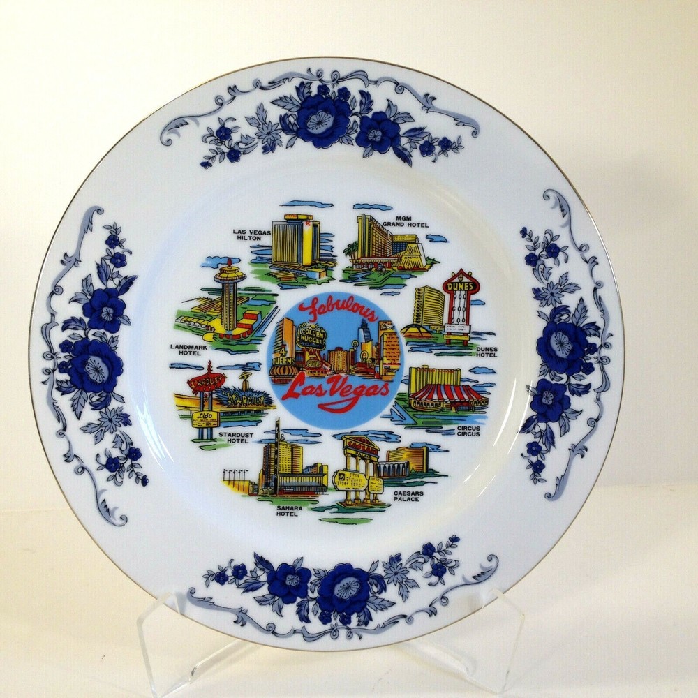 Vintage Schiff Las Vegas Souvenir Plate Gold Trim Sahara Stardust Hilton 10.25"